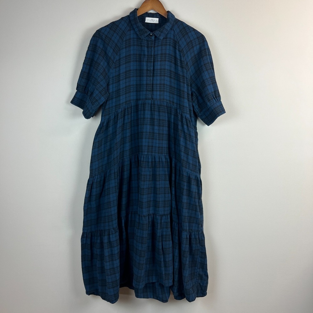 Natural Life Rebecca Plaid Tiered Midi Dress Large Blue Black Flannel Pockets L